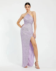Purple Halter Neck Ruched Side Front Slit Sequin Gown
