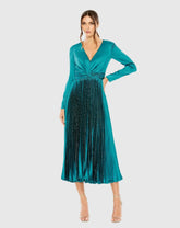 Blue Pleated Long Sleeve V-Neck Dress