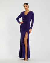 Purple Long Sleeve Cowl Neck Jersey Gown With Slit