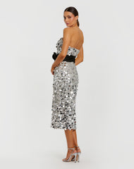 Silver Strapless Paillete Column Midi Dress With Bow