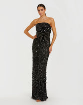 Black Strapless Sequin Evening Gown With Bow