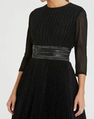 Black Shimmering Pleated A-Line 3/4 Sleeve Gown