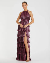 Purple High Neck Pleated Tiered Ruffle Metallic Gown