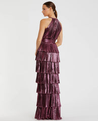 Purple High Neck Pleated Tiered Ruffle Metallic Gown