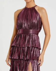 Purple High Neck Pleated Tiered Ruffle Metallic Gown