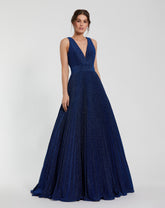 Navy Shimmering Pleated Sleeveless Gown