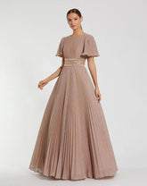 Pink Pleated Shimmering Flutter Sleeve Ball Gown