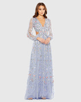 Purple Long Sleeve Embellished Cut Out A-Line Gown