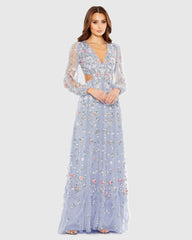 Purple Long Sleeve Embellished Cut Out A-Line Gown