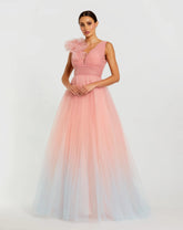 Pink Ruffle Shoulder V Neck Ombre Tulle Ballgown