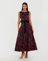 Black Brocade Drop Waist Midi Dress With Satin Bow