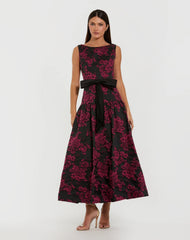 Black Brocade Drop Waist Midi Dress With Satin Bow