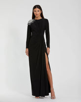 Black Jersey Long Sleeve Wrap Gown With Beaded Shoulder