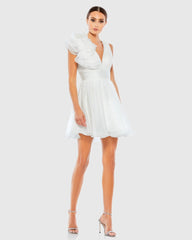 White Ruffle V Neck Fit & Flare Mini Dress