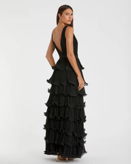 Black Sleeveless Ruffle Tiered V Neck Gown