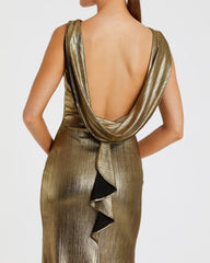 Gold Metallic Jersey Cowl Back Column Gown