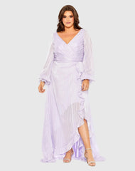 Purple Striped Faux Wrap Bishop Sleeve Gown (Plus)