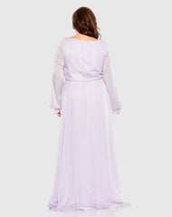 Purple Striped Faux Wrap Bishop Sleeve Gown (Plus)