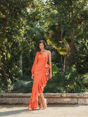 Orange One Sleeve Cut Out Asymmetrical Ruffled Gown