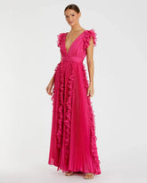 Pleated Ruffle Cap Sleeve Flowy A Line Gown