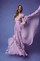 Purple Pleated Ruffle Cap Sleeve Flowy A Line Gown