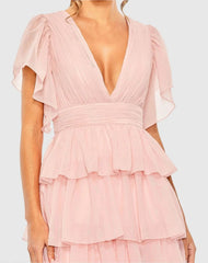Pink Flutter Sleeve Ruffle Tiered Gown