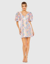 Pink Floral Puff Shoulder Brocade Mini Dress