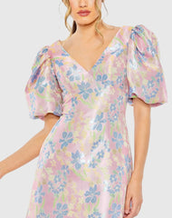 Pink Floral Puff Shoulder Brocade Mini Dress