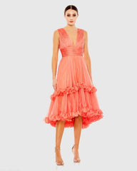 Orange V-Neck Sleeveless Tiered Ruffle Midi Dress