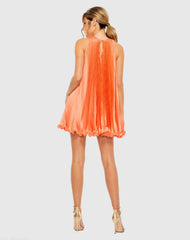 Orange Pleated Halter Neck Flowy Mini Trapeze Dress