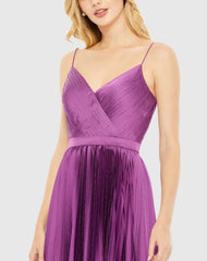 Purple Pleated Satin Flowy Midi Dress