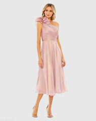 Pink Rosette One Shoulder Tea Length Dress