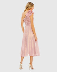 Pink Rosette One Shoulder Tea Length Dress