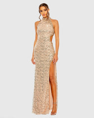 Side Cut Out High Neck Sequin Gown
