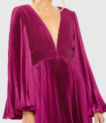 Purple Long Flare Sleeve Pleated Dress