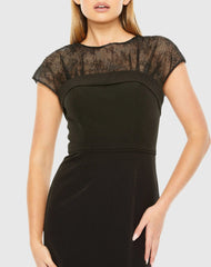 Black Sheer Lace Illusion Crepe Midi Dress
