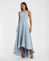 Blue Crepe Embellished Neck High Low Gown