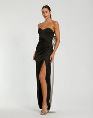 Black Satin Strapless Bustier Gown With Oversized Bow