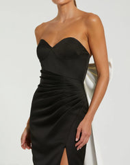 Black Satin Strapless Bustier Gown With Oversized Bow