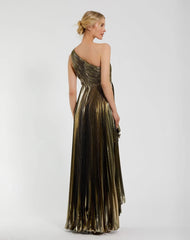 Gold Pleated Metallic One Shoulder High Low Gown