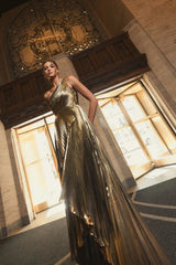 Gold Pleated Metallic One Shoulder High Low Gown