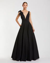 Sleeveless Plunge Neck Crepe Ballgown With Bow Detail