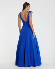 Blue Sleeveless Plunge Neck Crepe Ballgown With Bow Detail