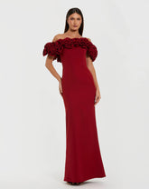 Red Crepe Off The Shoulder Column Gown With 3D Roses