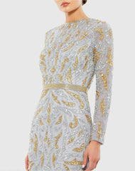 Gray Long Sleeve Beaded Evening Gown