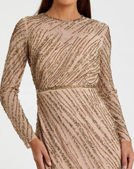 Beige Long Sleeve Beaded Column Gown