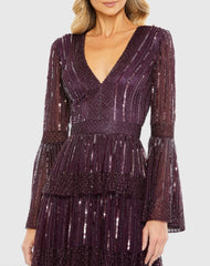 Purple Embellished Bell Sleeve Tiered Gown