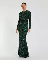 Green Hand Embellished Long Sleeve Gown