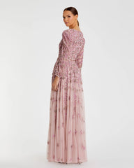 Pink Embellished V Neck Long Sleeve A Line Gown