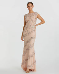 Floral Embellished Cap Sleeve Column Gown